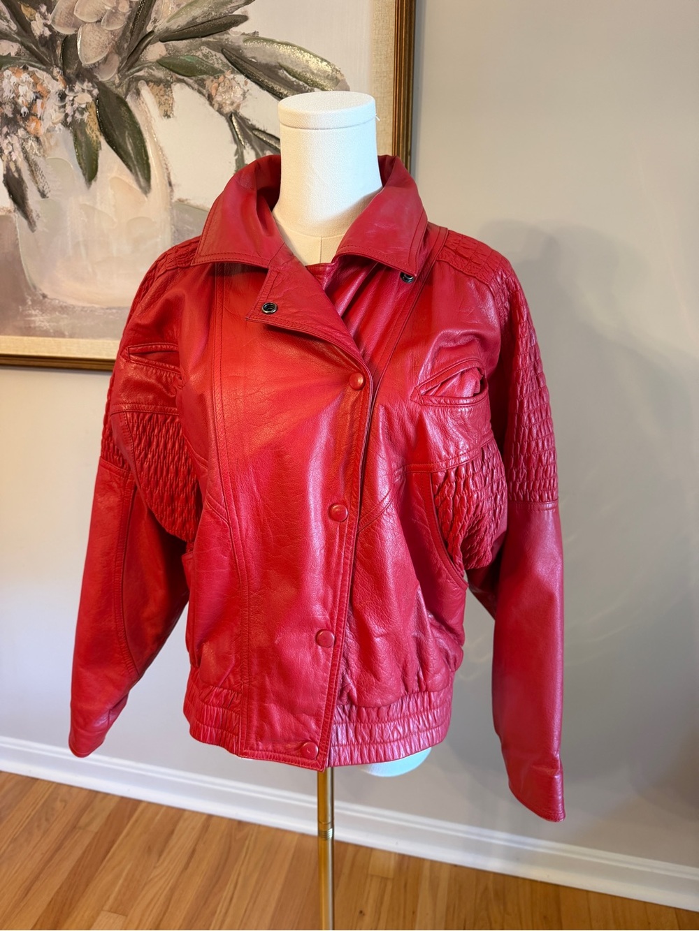 Avanti Red Leather Jacket with Quilted Shoulder Detail